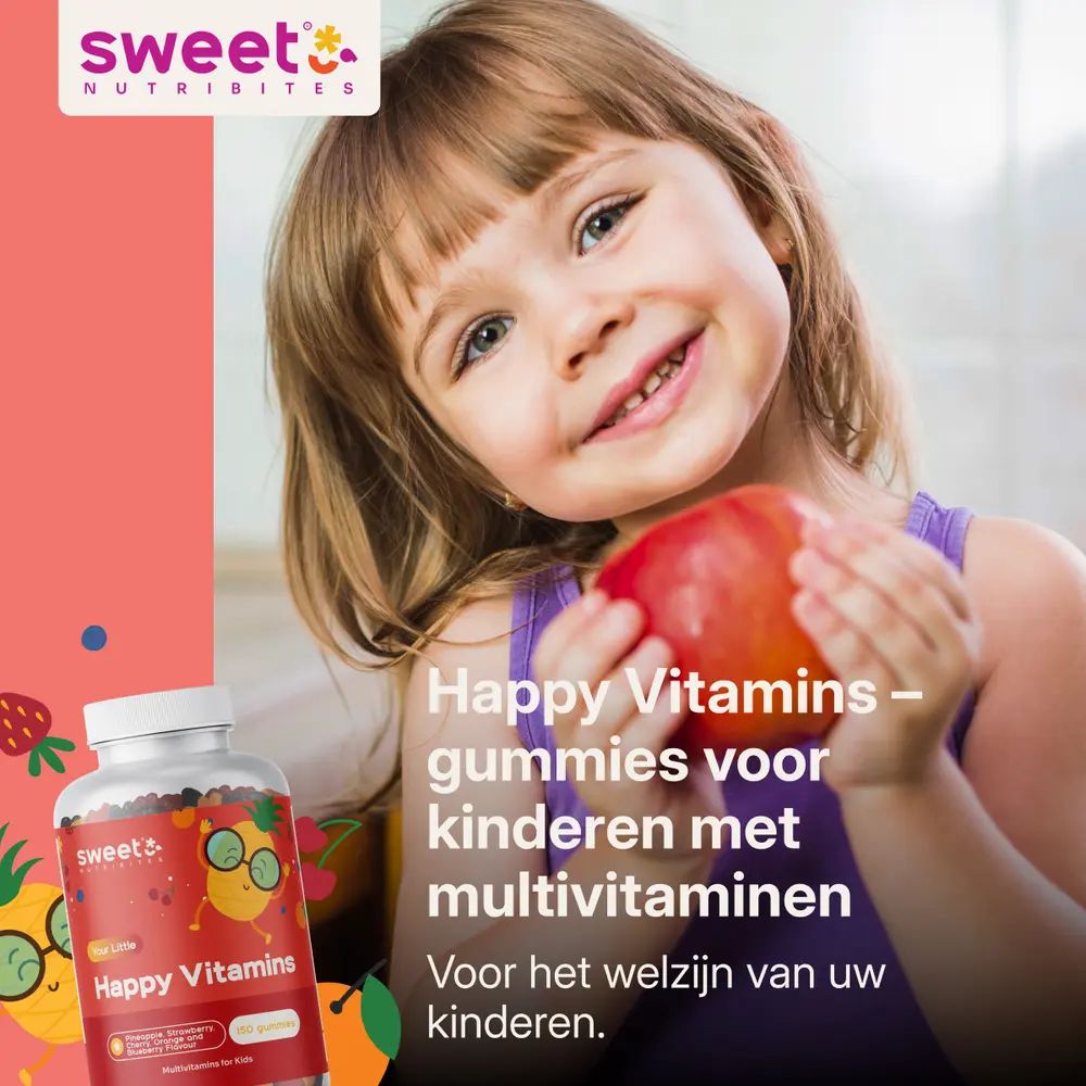 Meisje houdt appel vast. Fles Happy Vitamins. Tekst: Gummies voor kinderen met multivitamines. Voor het welzijn.