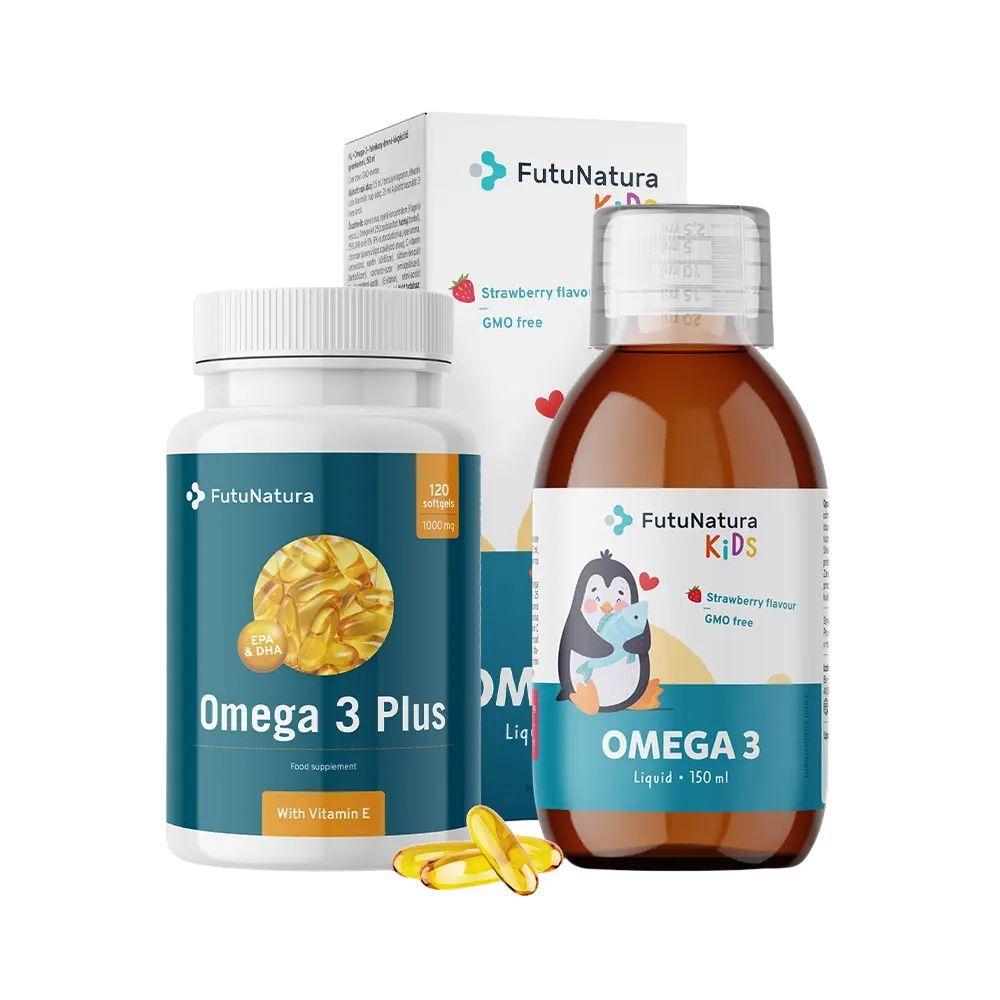 Pack Famille FutuNatura Omega-3. Comprend des gélules et du liquide. Gélules Omega 3 Plus, liquide Omega 3 Kids.