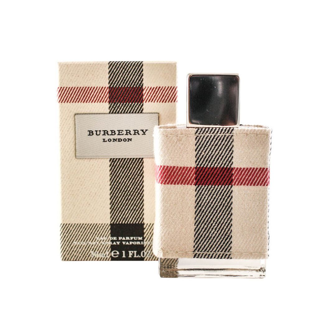 Flacon de parfum et boîte avec logo Burberry. Design à carreaux.