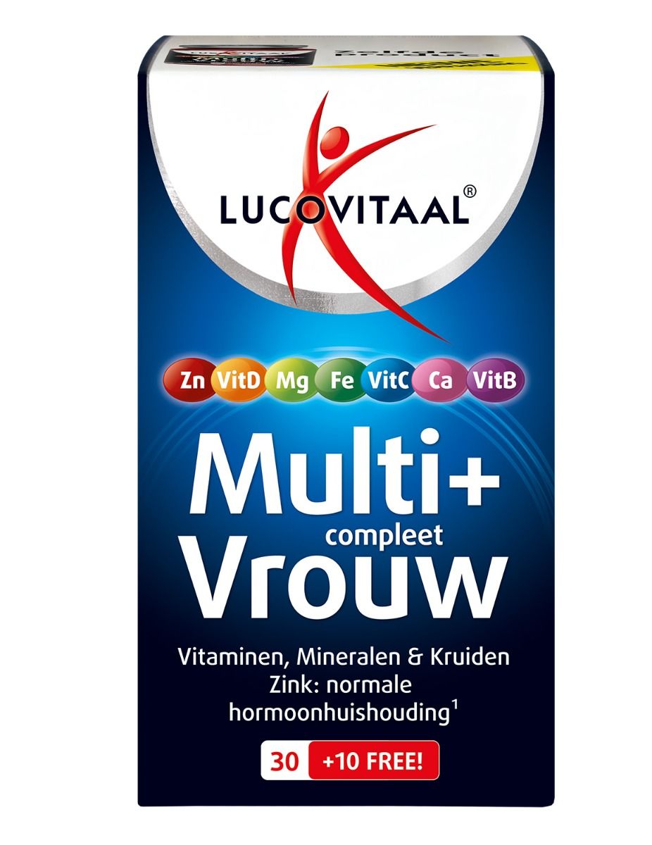 Blauwe verpakking "Lucovitaal Multi+ Vrouw". Bevat 30+10 tabletten. Vitaminen, mineralen en kruiden. Logo en merknaam zichtbaar.