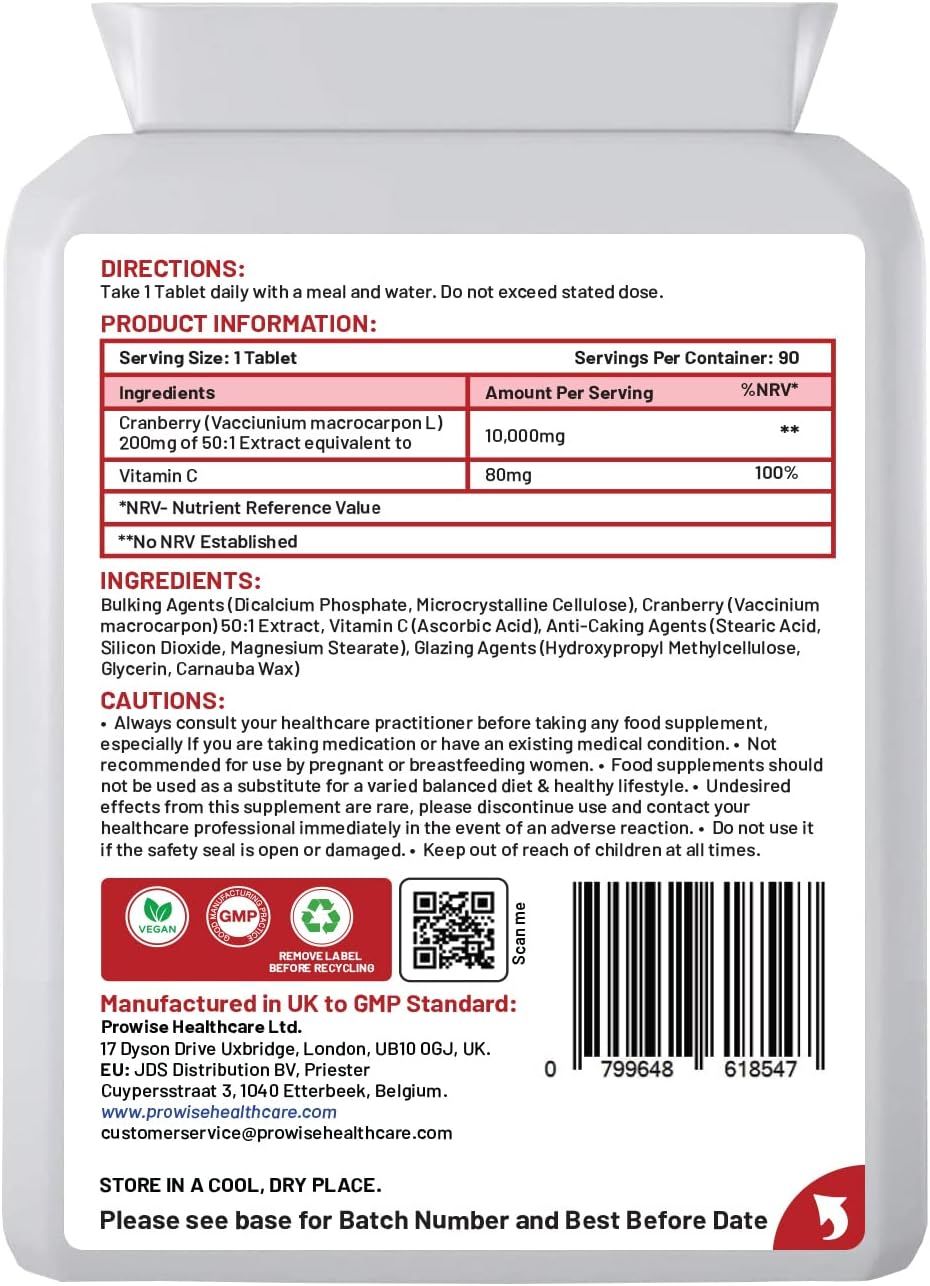 Achterkant van de tablettenpot. Bevat informatie over ingrediënten, dosering en waarschuwingen. Met QR-code.