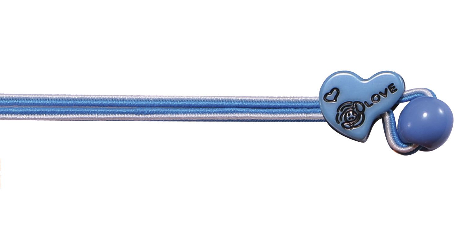 Blauwe brillenband met hartdecoratie en koordeinde. Voor kinderbrillen.