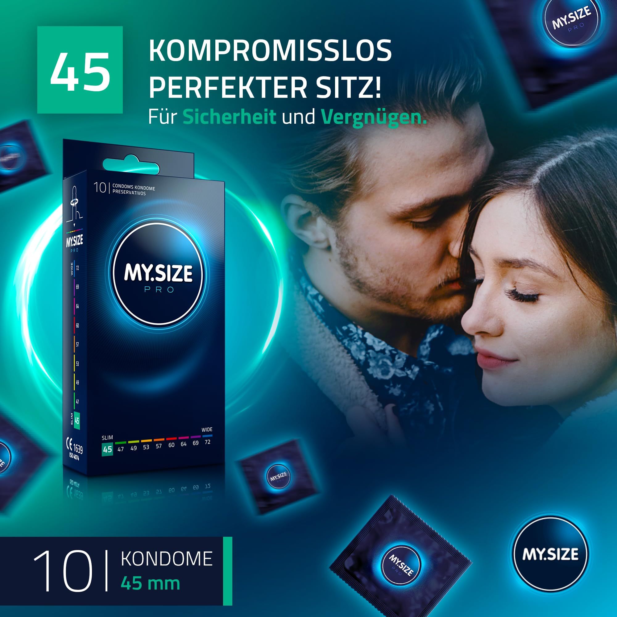 Couple s'enlaçant. Préservatifs MY.SIZE pour l'individualité, la facilité d'utilisation et la durabilité.