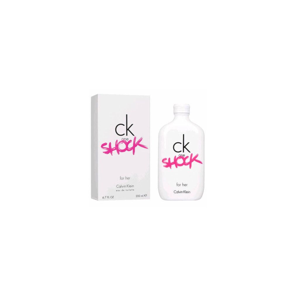 Flacon et emballage blancs avec "ck one SHOCK for her". Flacon avec bouchon blanc. "Calvin Klein" est visible.