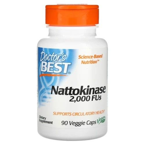 Bouteille de Doctor's Best Nattokinase 2.000 FU avec bouchon orange et étiquette.