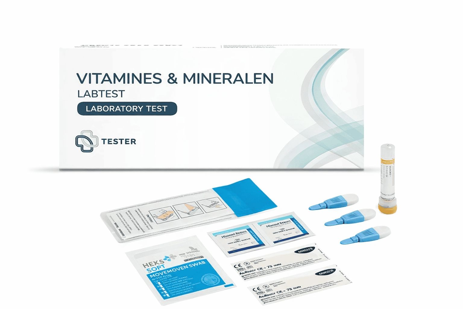 Vitamine- en mineralen-labtestkit met lancetten, swabs en buisje.