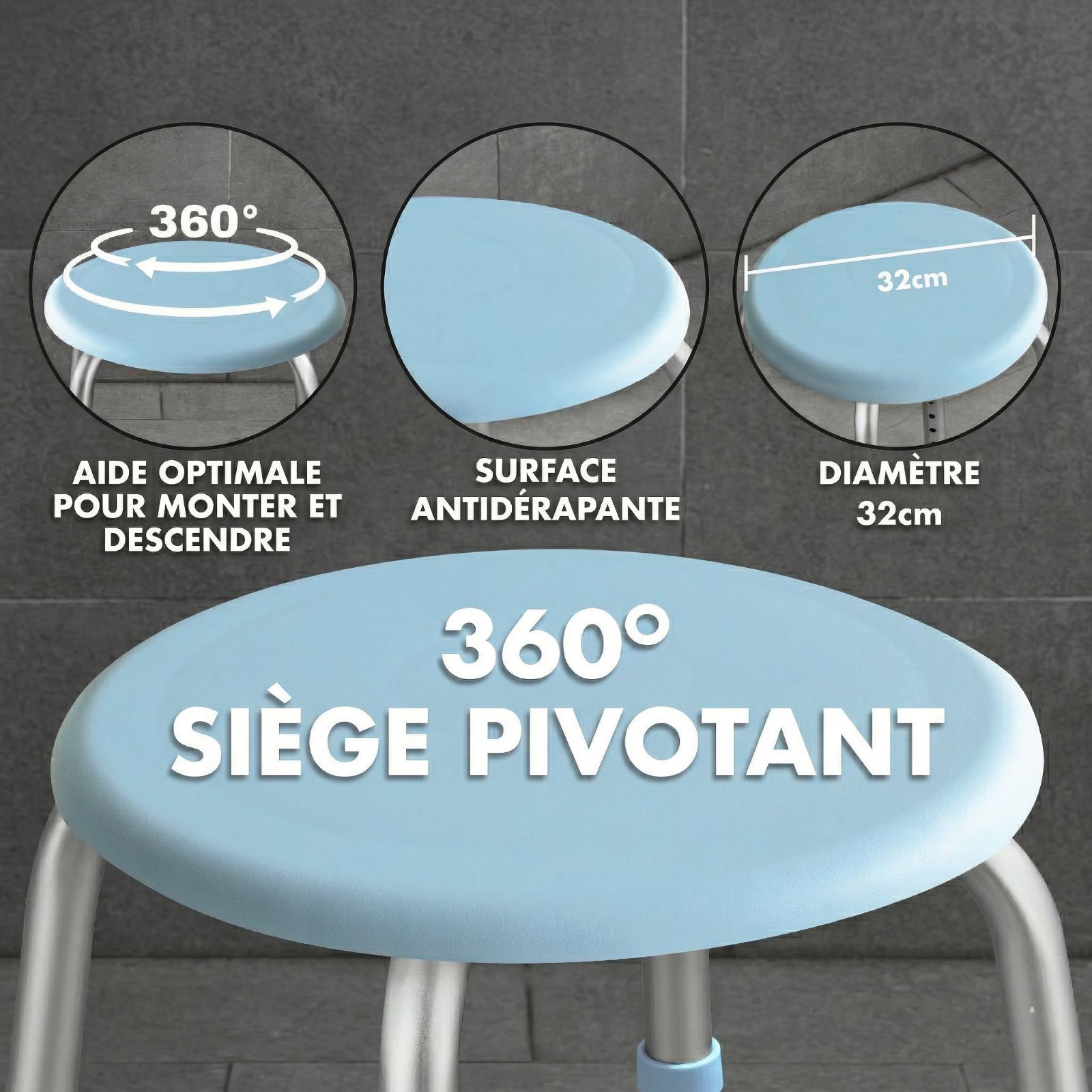 Tabouret de douche avec siège pivotant. Diamètre 32cm. Surface antidérapante. 360°.