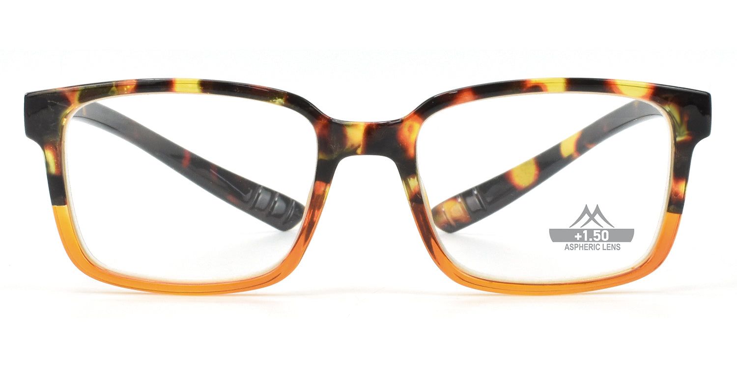 Lunettes à monture marron et jaune, verres rectangulaires. "+1.50 Aspheric Lens" sur un verre.