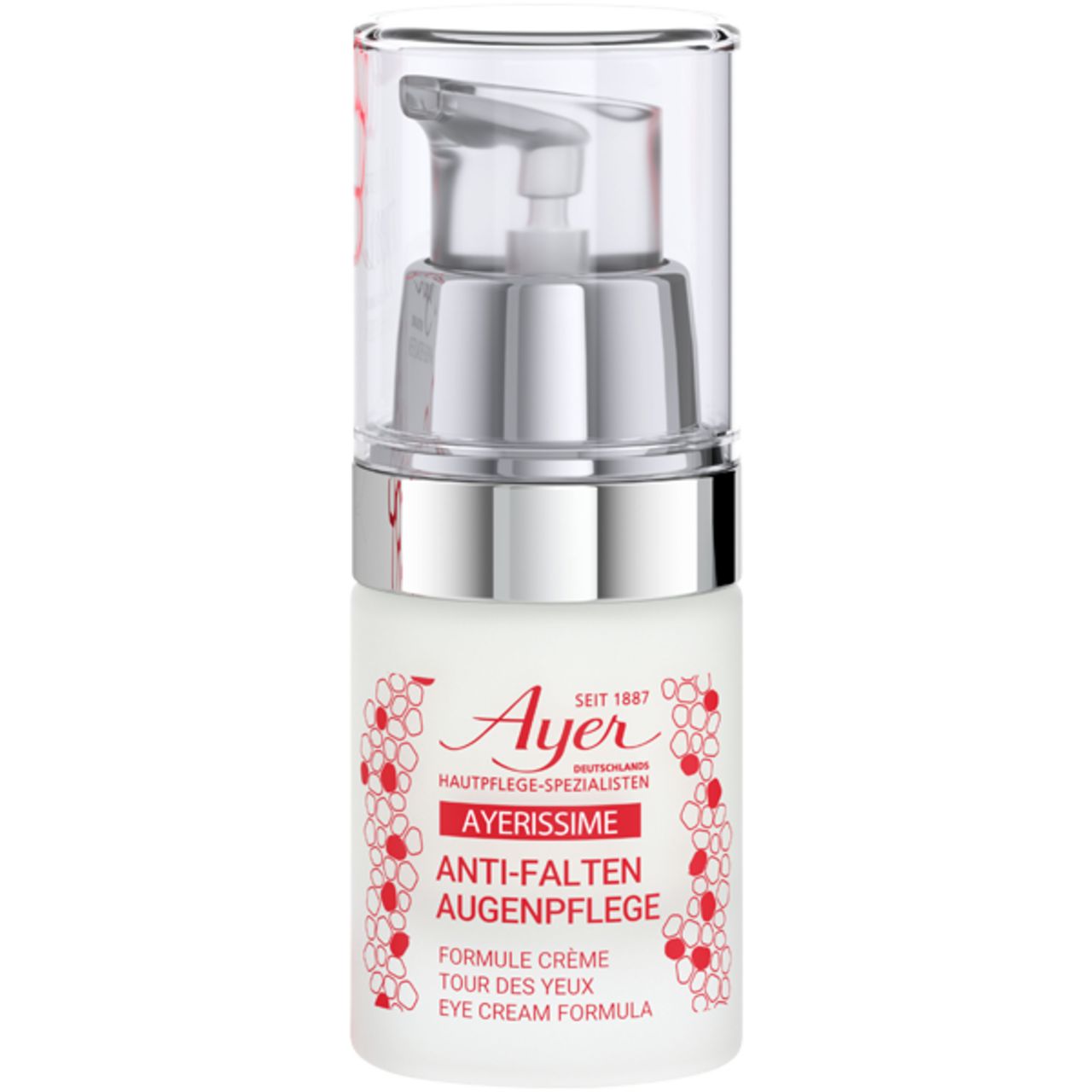 Ayer oogcrème met dispenser. Opschrift: Anti-Falten Augenpflege, Eye Cream Formula. Voor de rijpere huid.