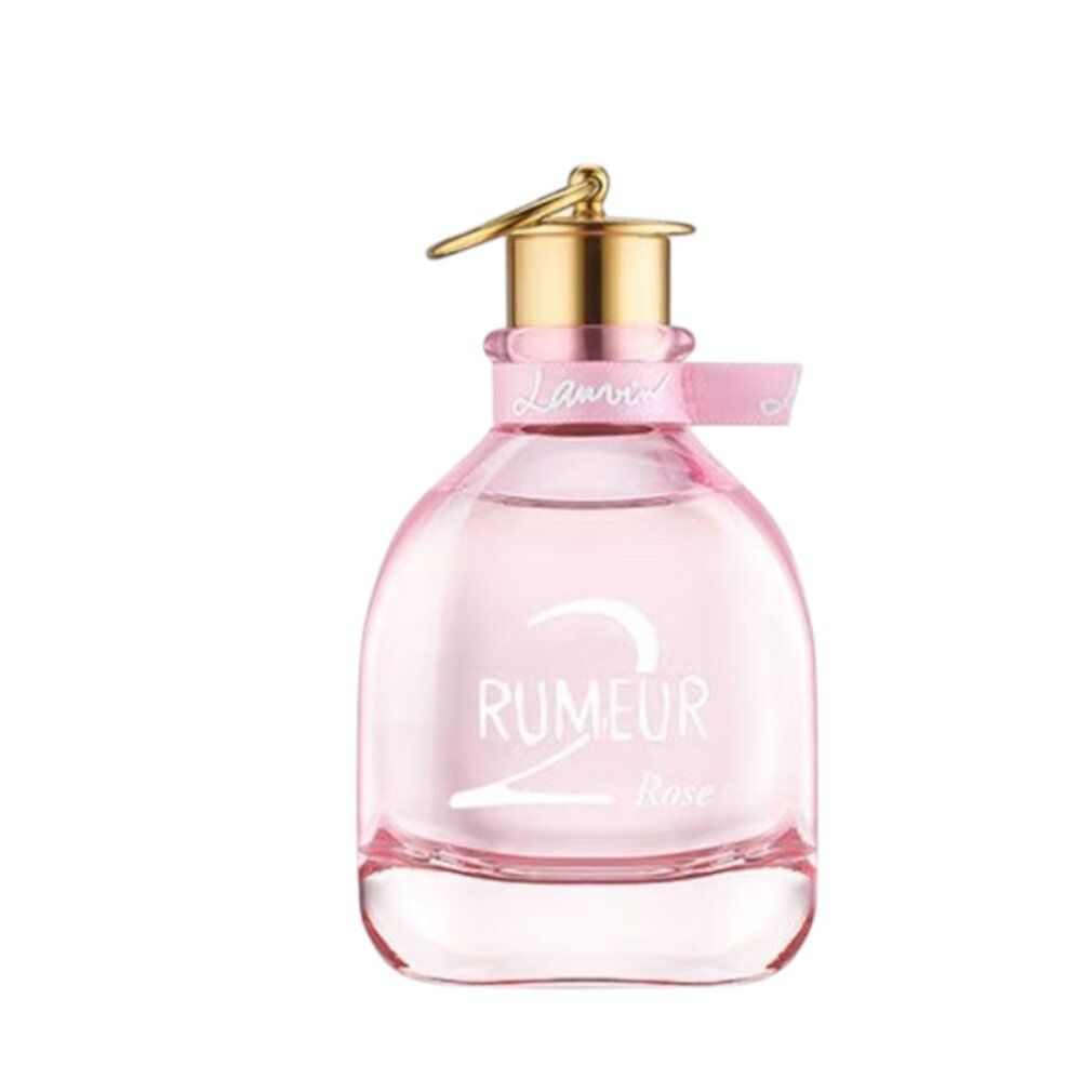 Flacon rose avec bouchon doré. Inscription: Rumeur 2 Rose. Marque: Lanvin.