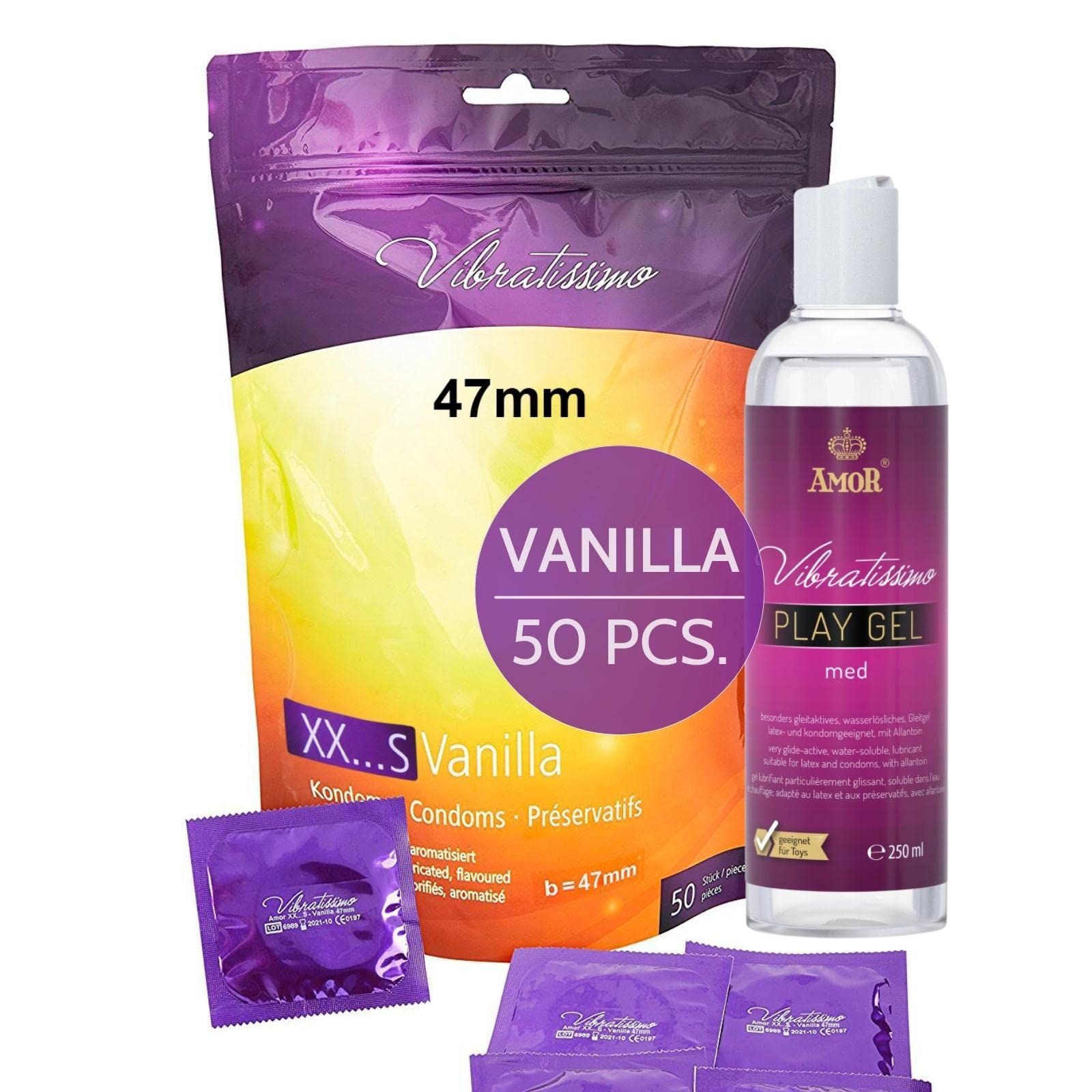 Pack de 50 préservatifs (47mm) et une bouteille de gel lubrifiant (250ml), tous deux saveur vanille.