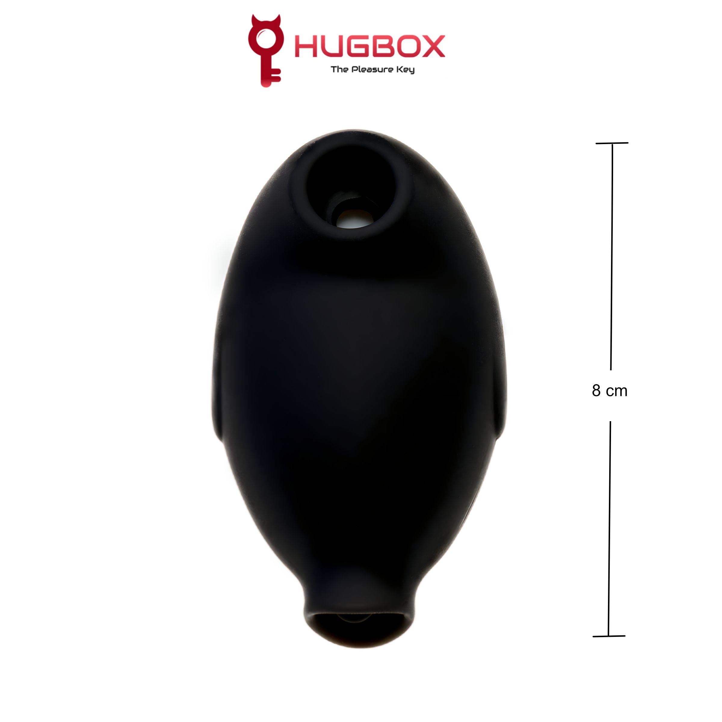 Appareil noir ovale avec ouvertures. Texte: HUGBOX, 8 cm. Produit avec logo et indication de taille.
