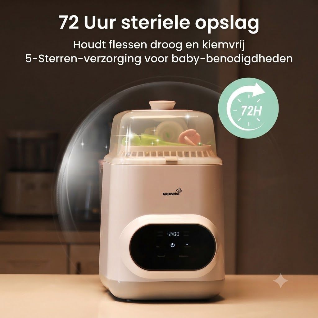 Witte babyflessterilisator met digitaal display en transparante deksel. Bevat babyflessen en accessoires.