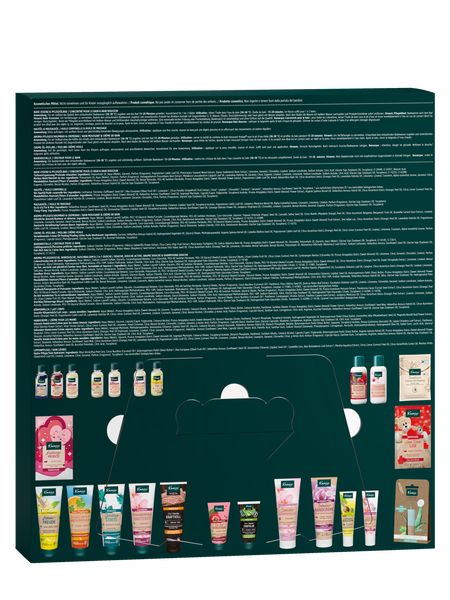 Dos du calendrier de l'Avent avec illustrations et texte. Différents produits sont visibles.