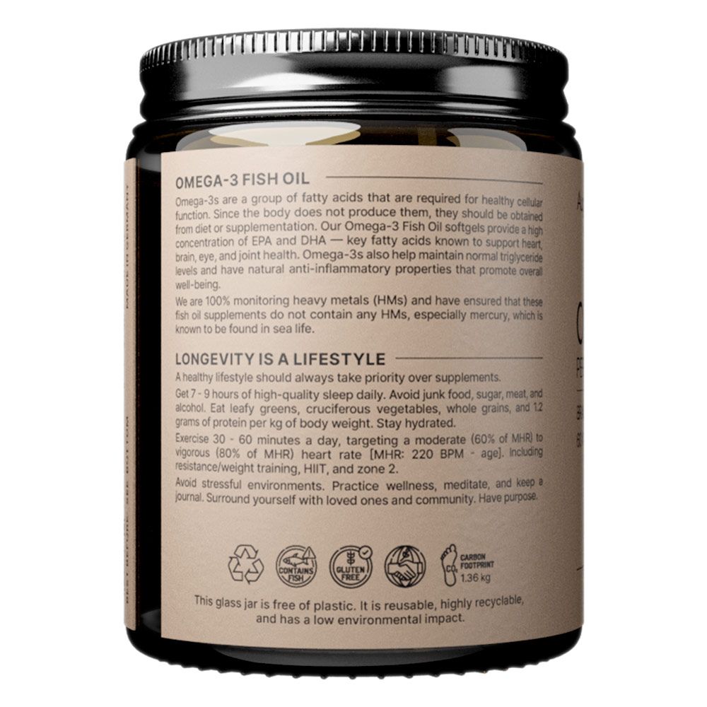 Glazen pot met Omega-3 visolie capsules. Etiket met productinformatie en duurzaamheidssymbolen.