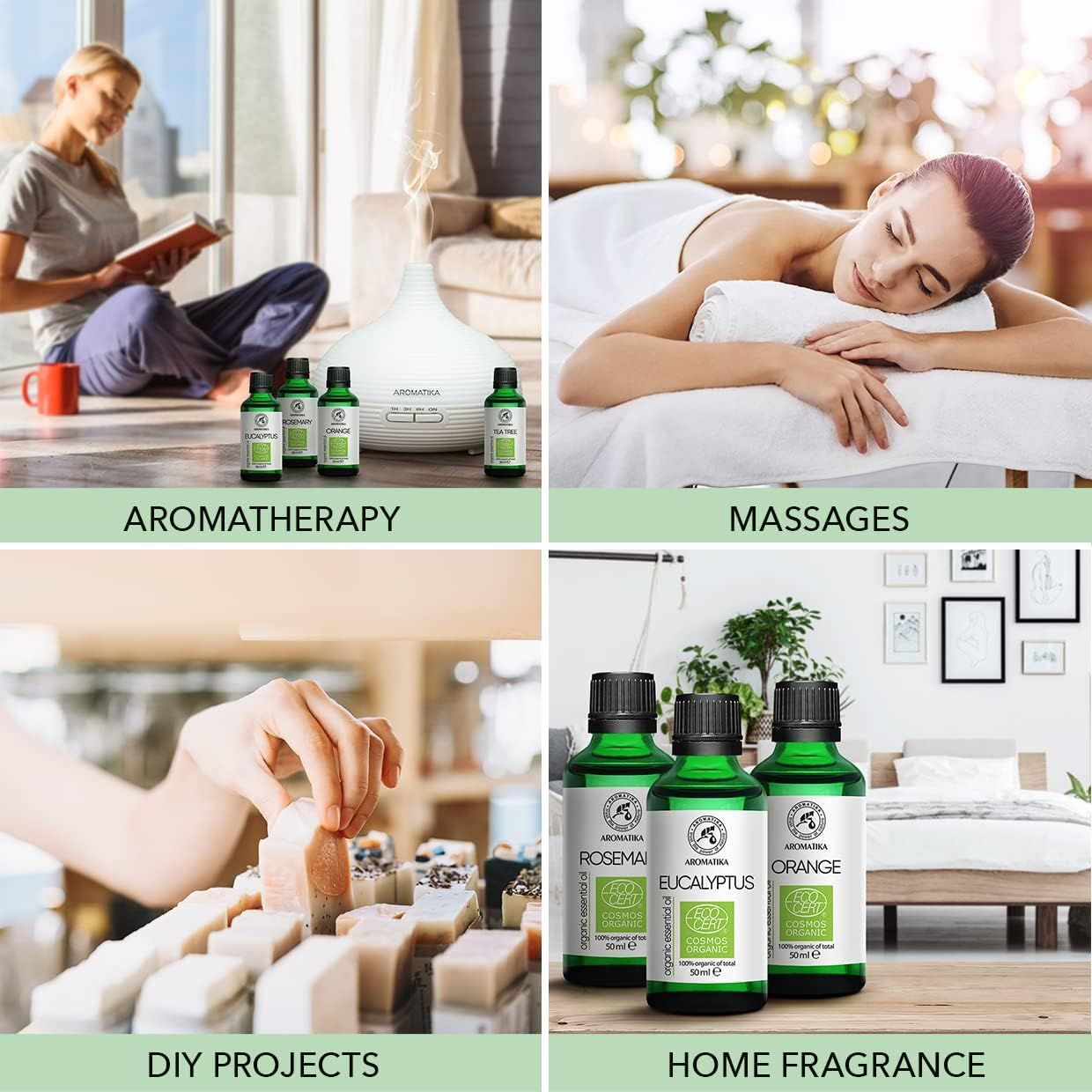 Vier scènes: aromatherapie, massages, doe-het-zelf projecten, huisparfum met AROMATIKA oliën.