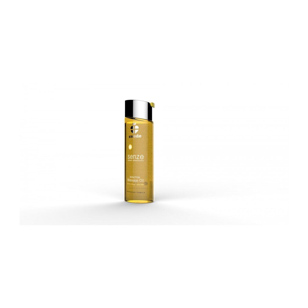 Swede Senze Seduction massageolie in heldere fles met zilveren dop. Gele olie.