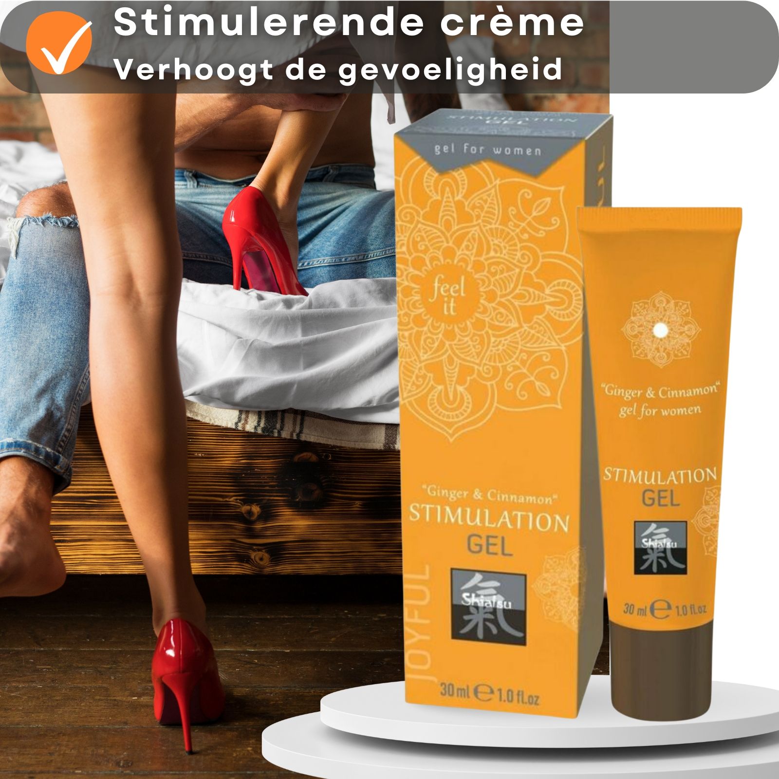 Productverpakking met tekst. Oranje doos en tube. Bevat 30ml. Merk: Shiatsu.