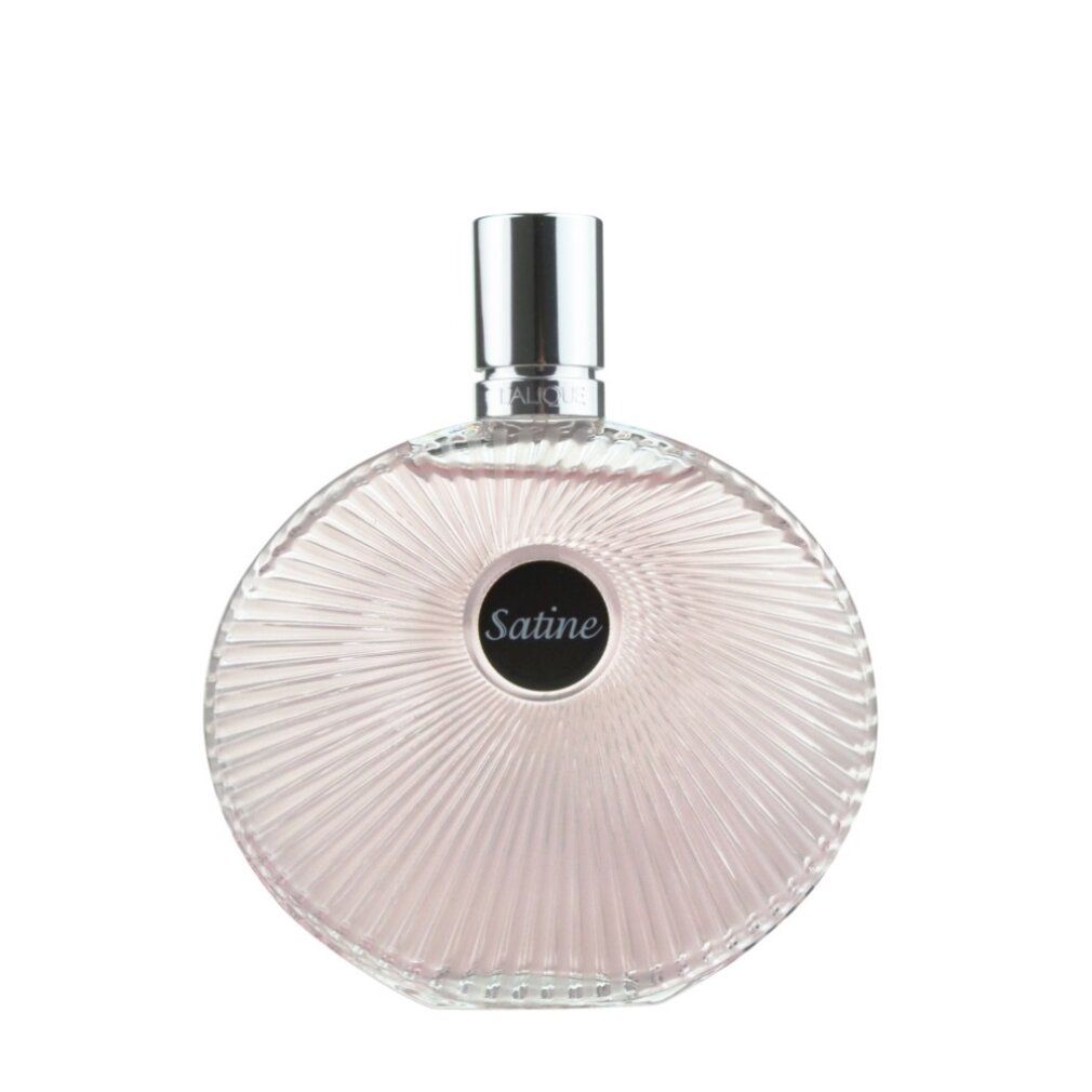 Flacon de parfum rond avec surface cannelée et étiquette noire "Satine". Fermeture argentée.