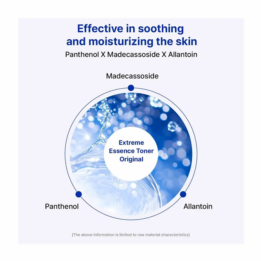 Cirkelvormige grafiek met tekst: Extreme Essence Toner Original. Ingrediënten: Panthenol, Madecassoside, Allantoïne. Waterillustratie.