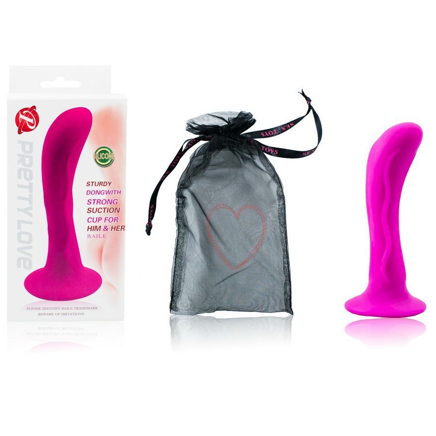 Verpakking en accessoires voor een paarse dildo. Bevat productverpakking, opbergzakje en de dildo zelf.