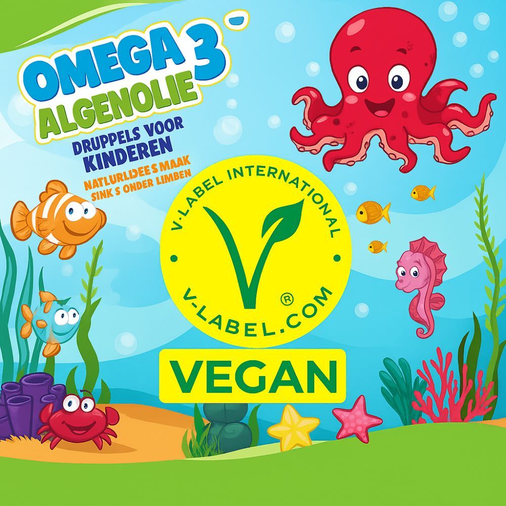 Illustratie met zeemotieven en een octopus. Tekst: Omega 3 Algenolie KIDS. Vegan keurmerk. V-Label.