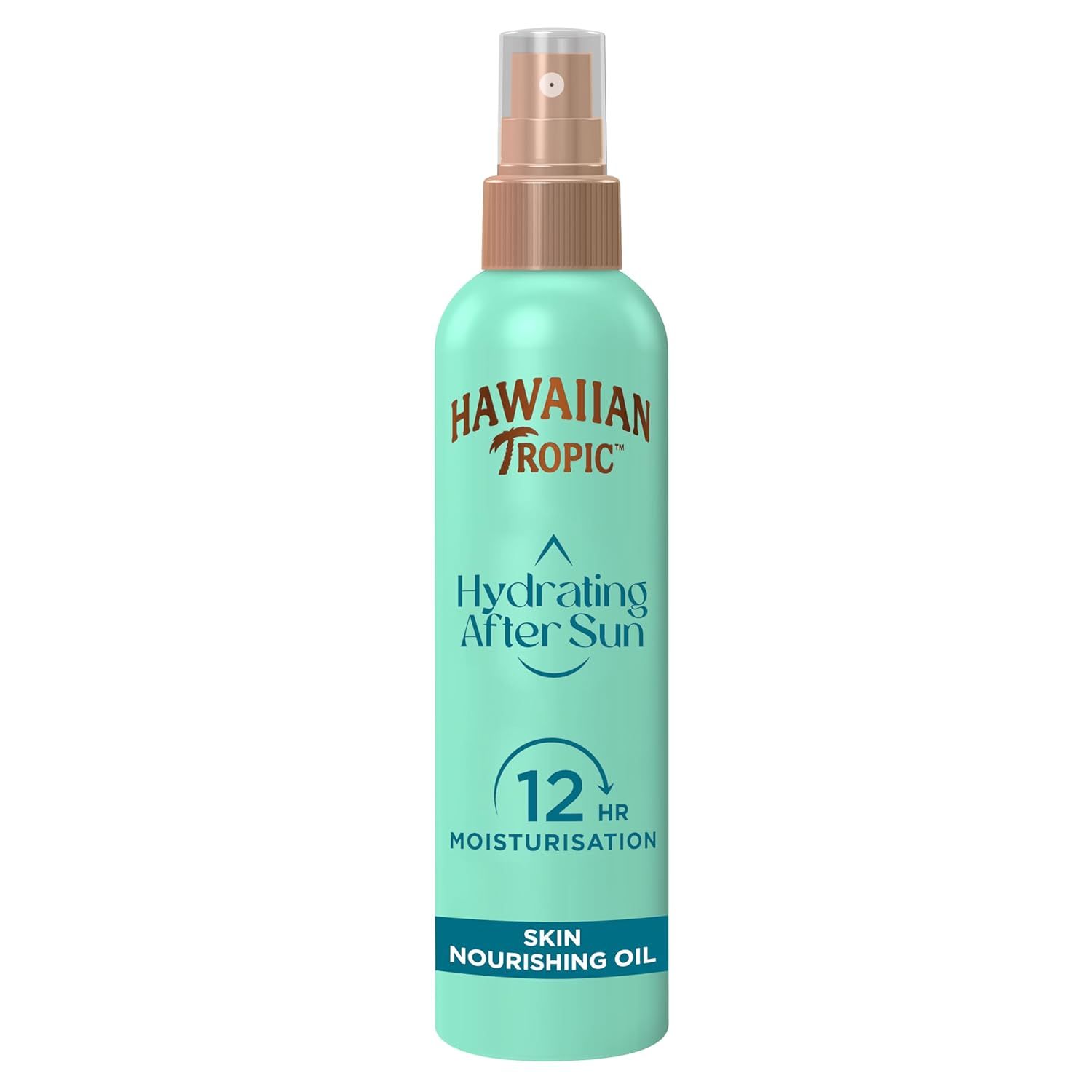 Flacon spray turquoise avec bouchon marron. Inscription: Hawaiian Tropic, Hydrating After Sun, 12hr Moisturisation, Skin Nourishing Oil.