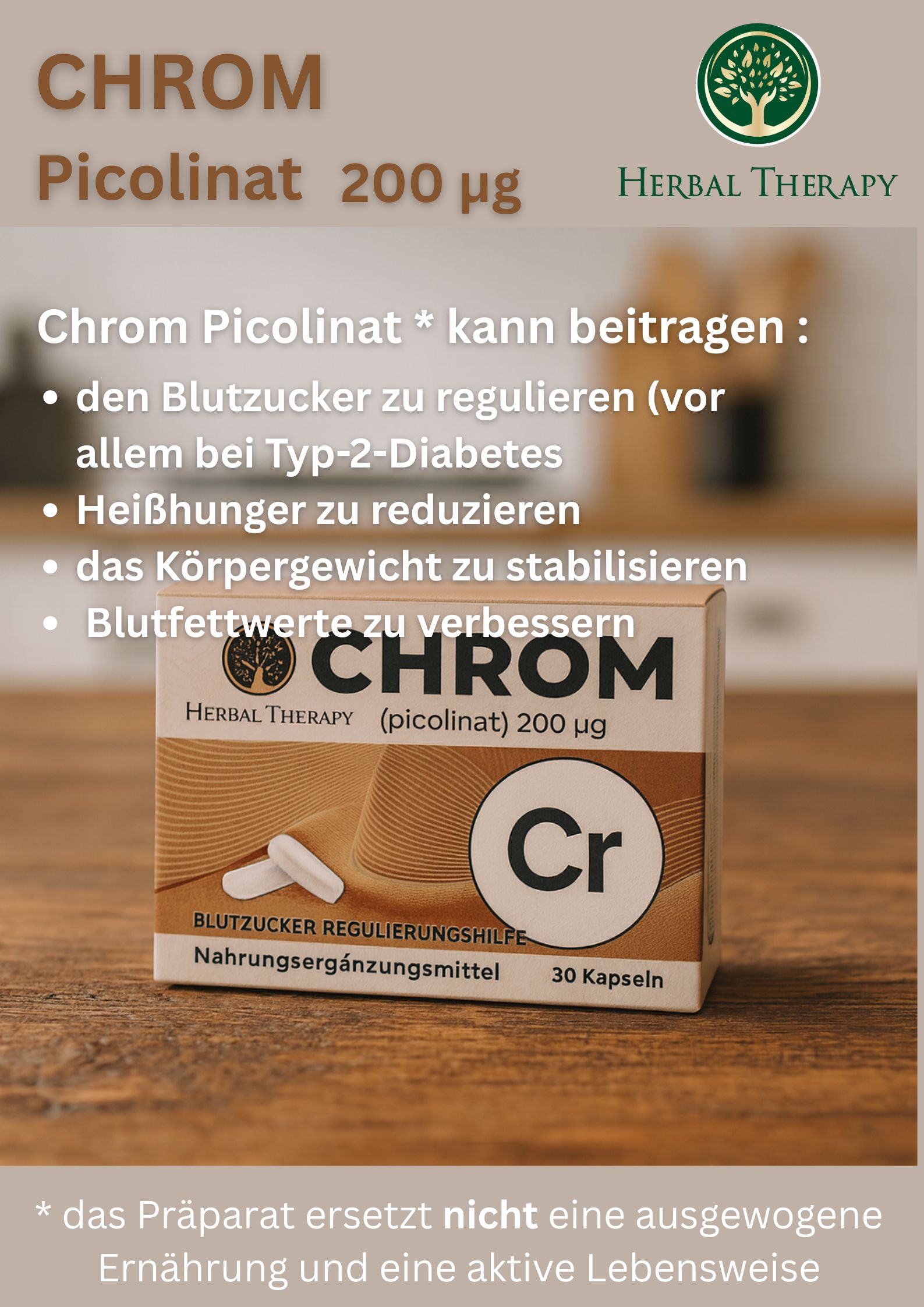 Productverpakking met CHROM Picolinaat 200 μg. Tekst: Bloedsuiker reguleren, trek verminderen, lichaamsgewicht stabiliseren, bloedvetten verbeteren.