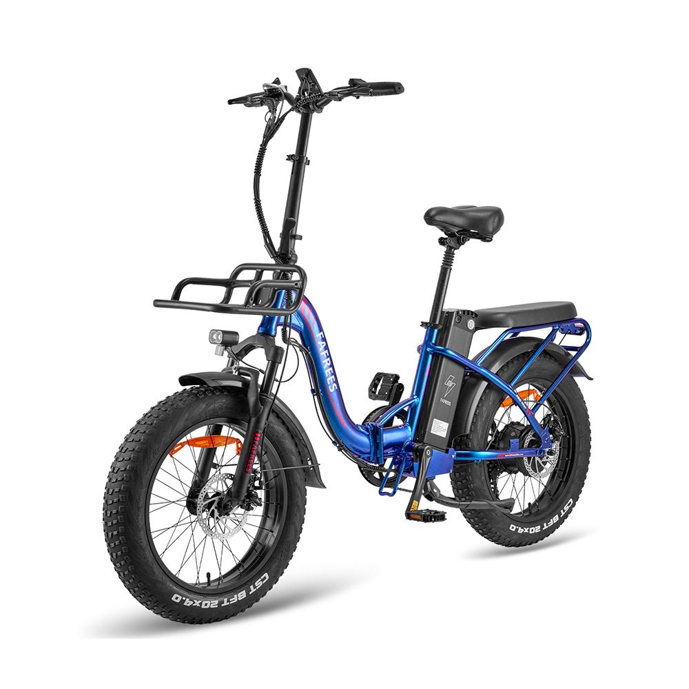 Vélo électrique bleu Fafrees F20 Max. Pneus noirs, porte-bagages, panier avant et garde-boue. Marque visible.