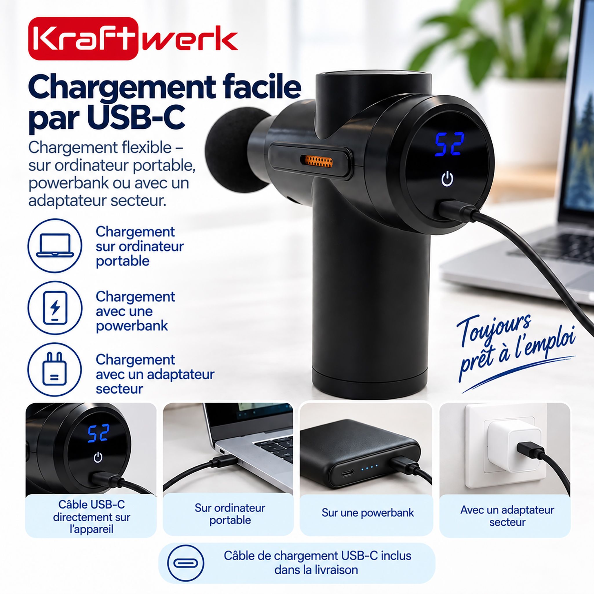 Pistolet de massage chargé via USB-C avec un ordinateur portable, une banque d'alimentation ou un adaptateur.