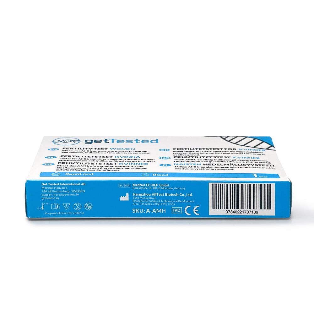 GetTested verpakking, onderkant. Barcode, CE-markering en fabrikant informatie.