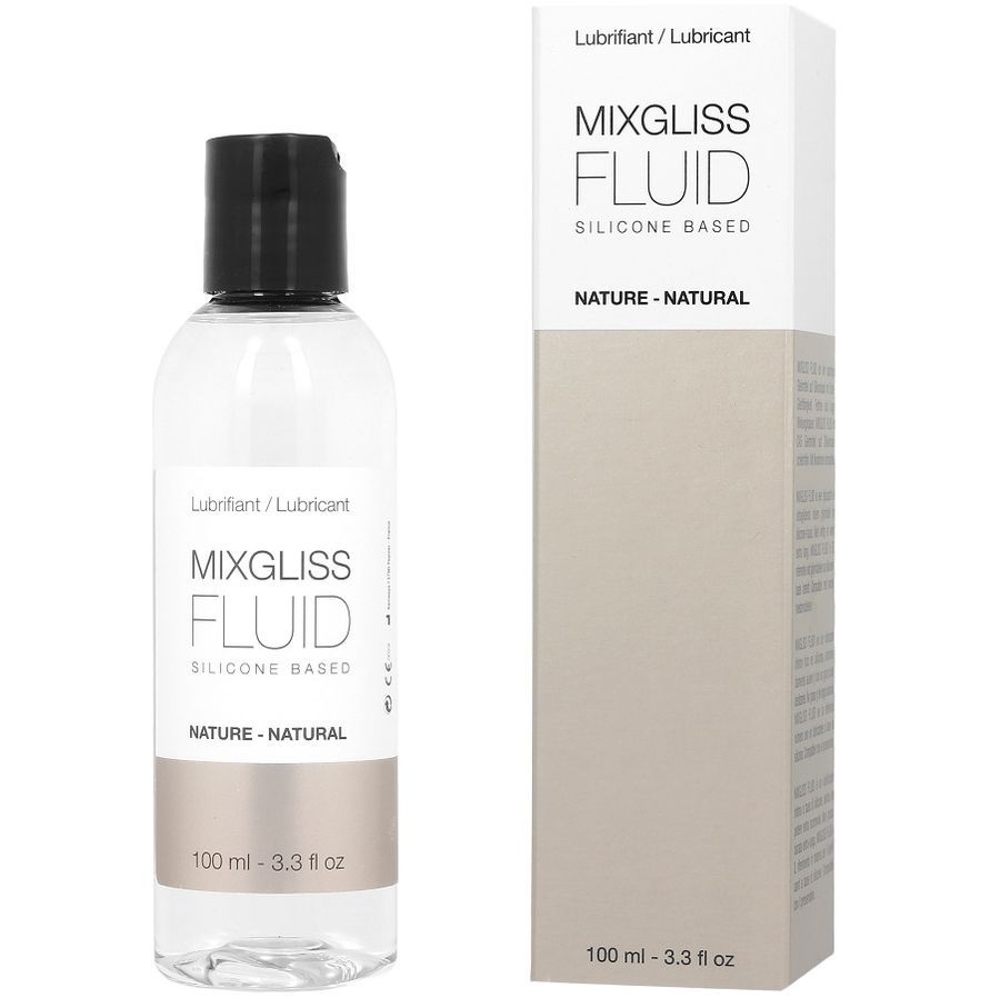Lubrifiant Mixgliss Fluid à base de silicone dans une bouteille transparente avec bouchon noir et emballage extérieur.