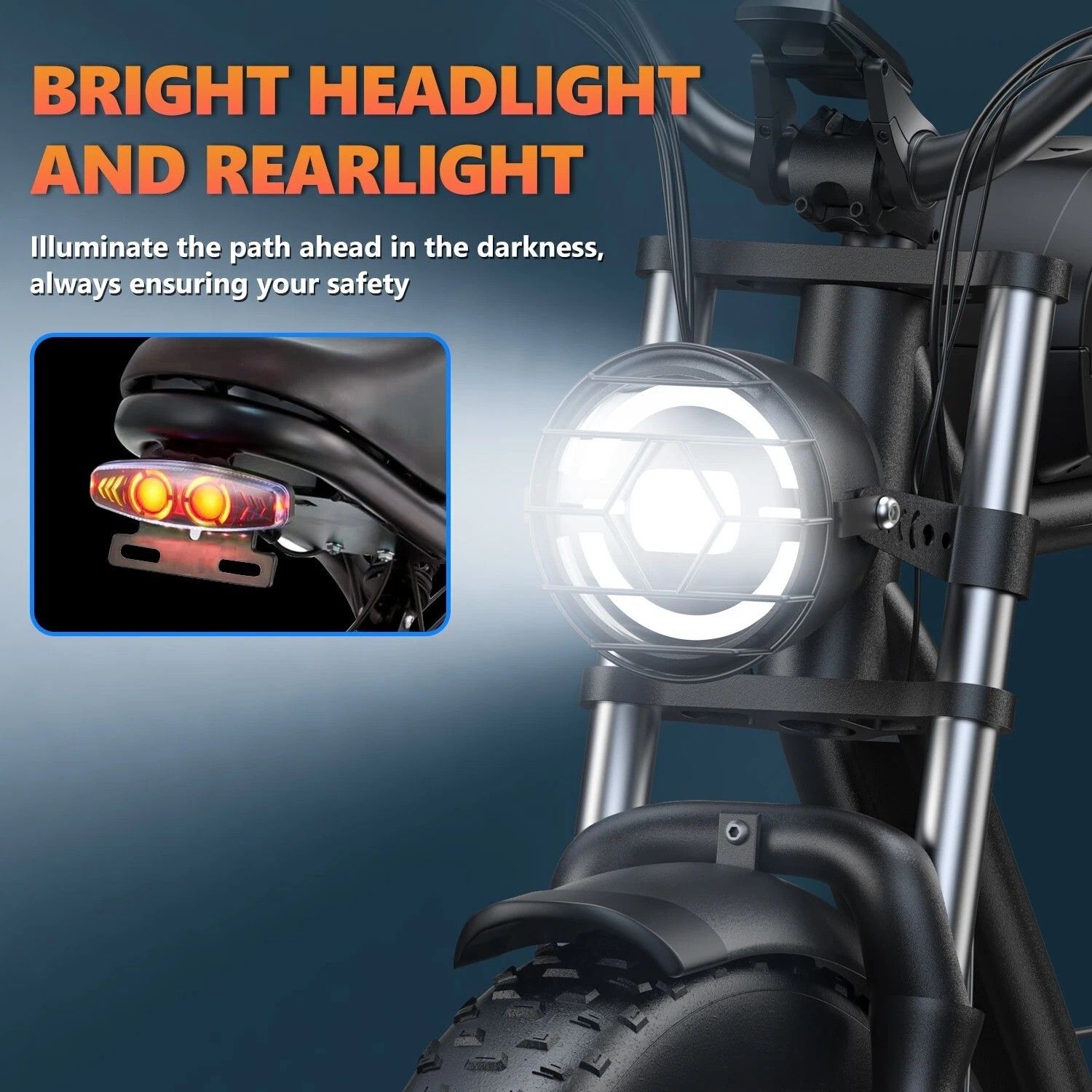 Close-up van de koplamp en het achterlicht van een e-bike. Helder licht. Tekst: BRIGHT HEADLIGHT AND REARLIGHT.