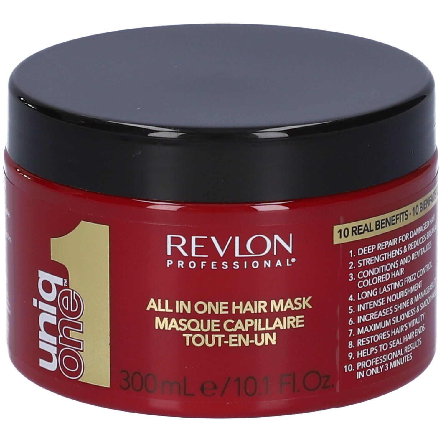 Pot rouge avec couvercle noir. Inscription: Revlon Uniq One All in One Hair Mask. 300ml/10.1 Fl.Oz.