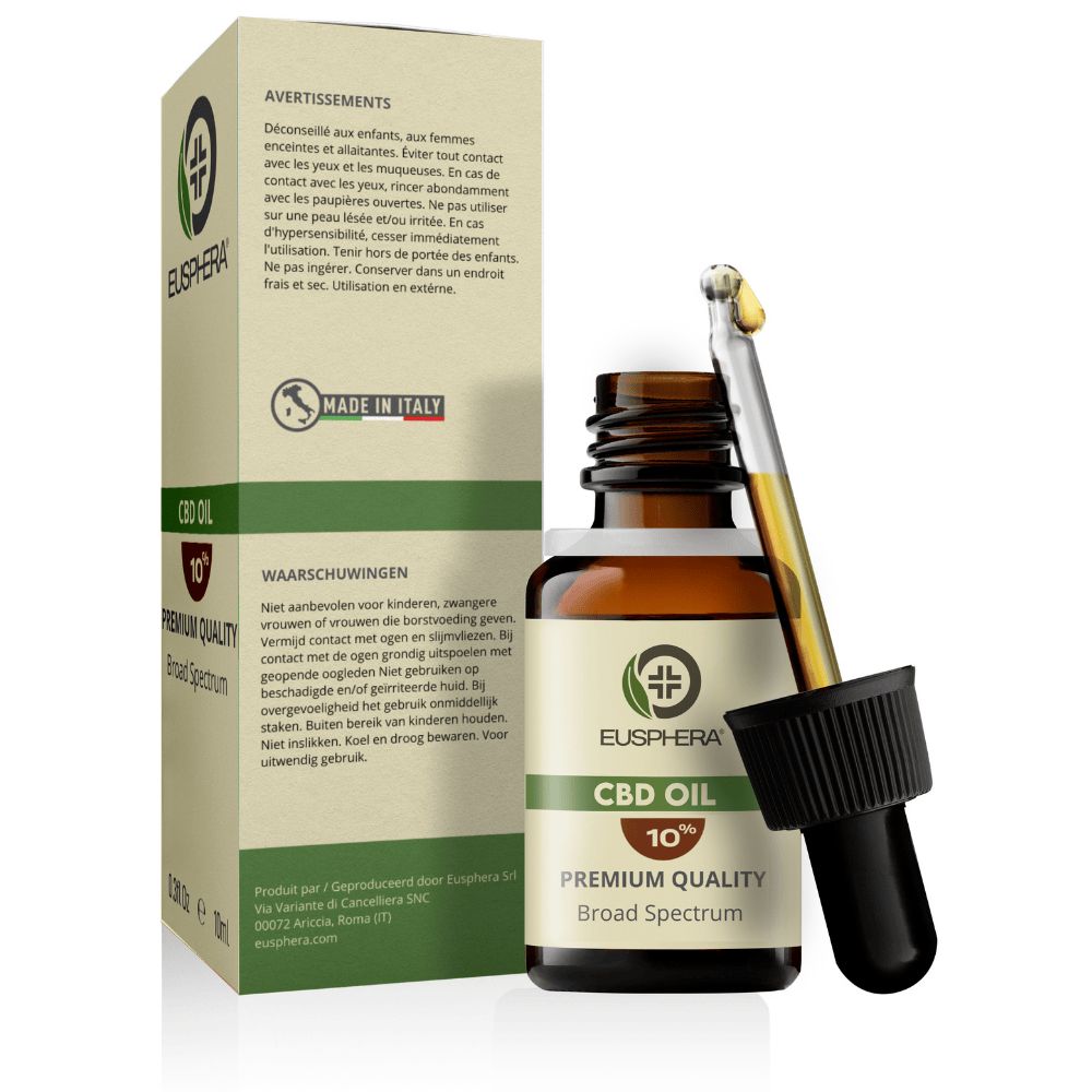 Bruine glazen fles met druppelaar. Tekst: Premium Hemp Extract, 10%, 1000mg CBD. Verpakking met logo en tekst.