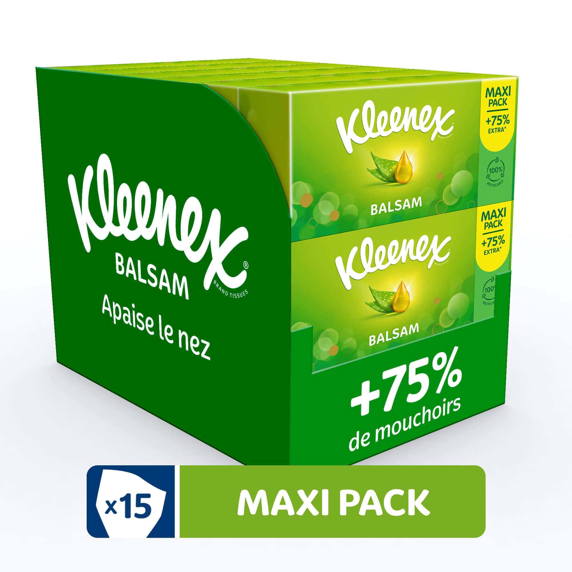Kleenex Balsam Maxi Pack. Pile d'emballages verts avec logo, feuille et goutte. +75% de mouchoirs en plus, 15 Maxi Packs.