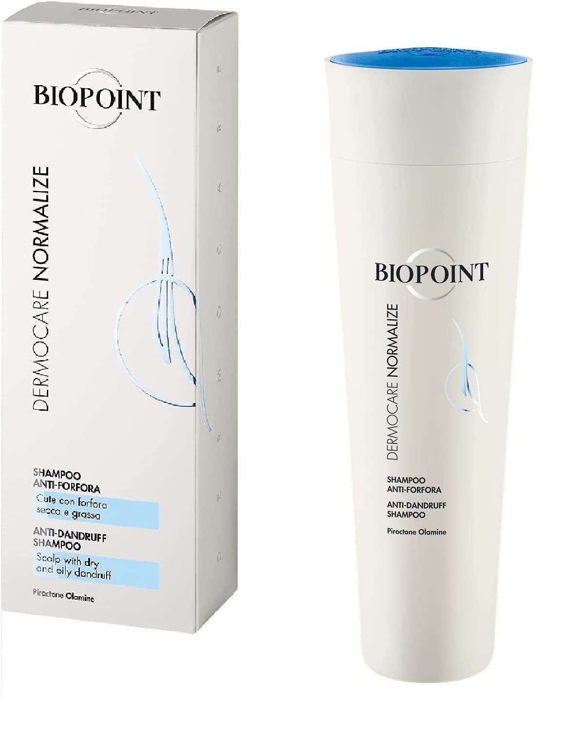 Emballage et flacon de shampooing. Inscriptions : Biopoint, Dermocare Normalize, shampooing antipelliculaire. Pour cuirs chevelus secs et gras.