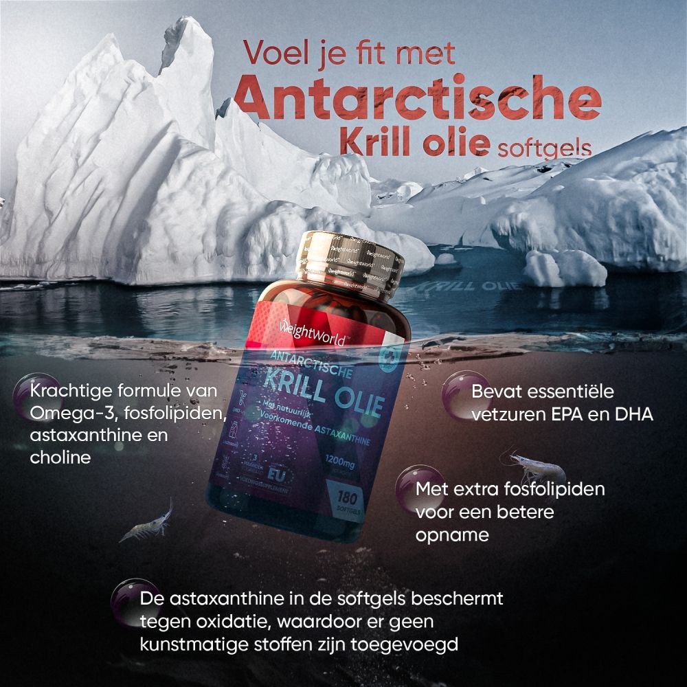 Fles Antarctische Krillolie voor ijsbergen. Bevat Omega-3, astaxanthine en choline. 180 softgels.
