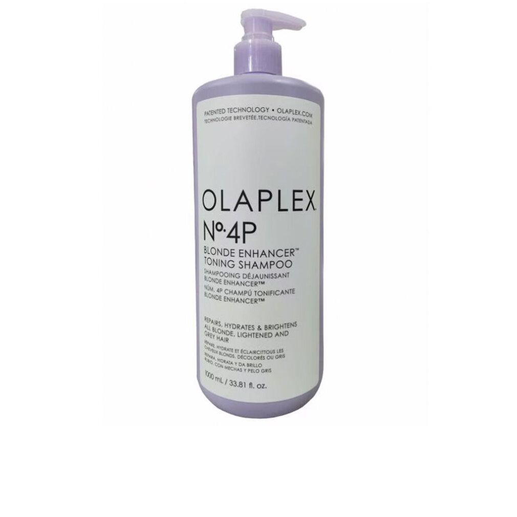 Fles Olaplex N°4P Blonde Enhancer Toning Shampoo. Paarse fles met pomp. Tekst op etiket.