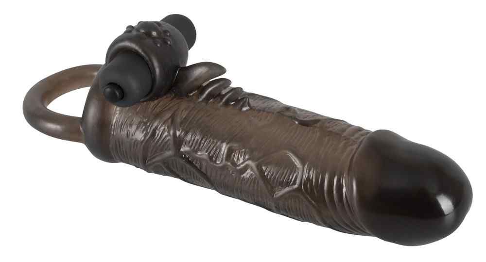Zwarte verlenging met ring en details. Vorm van een penis.