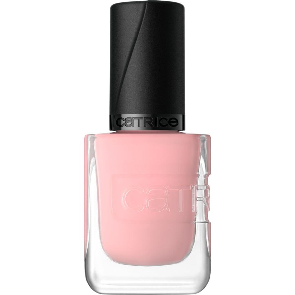 Flesje lichtroze nagellak met zwarte dop en het merk CATRICE.
