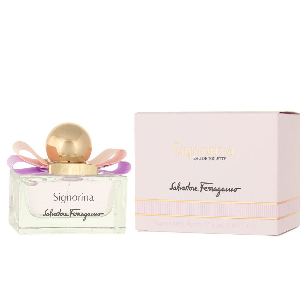 Flacon Signorina Eau de Toilette et emballage. Liquide rose, bouchon doré, nœud. Marque et nom visibles.