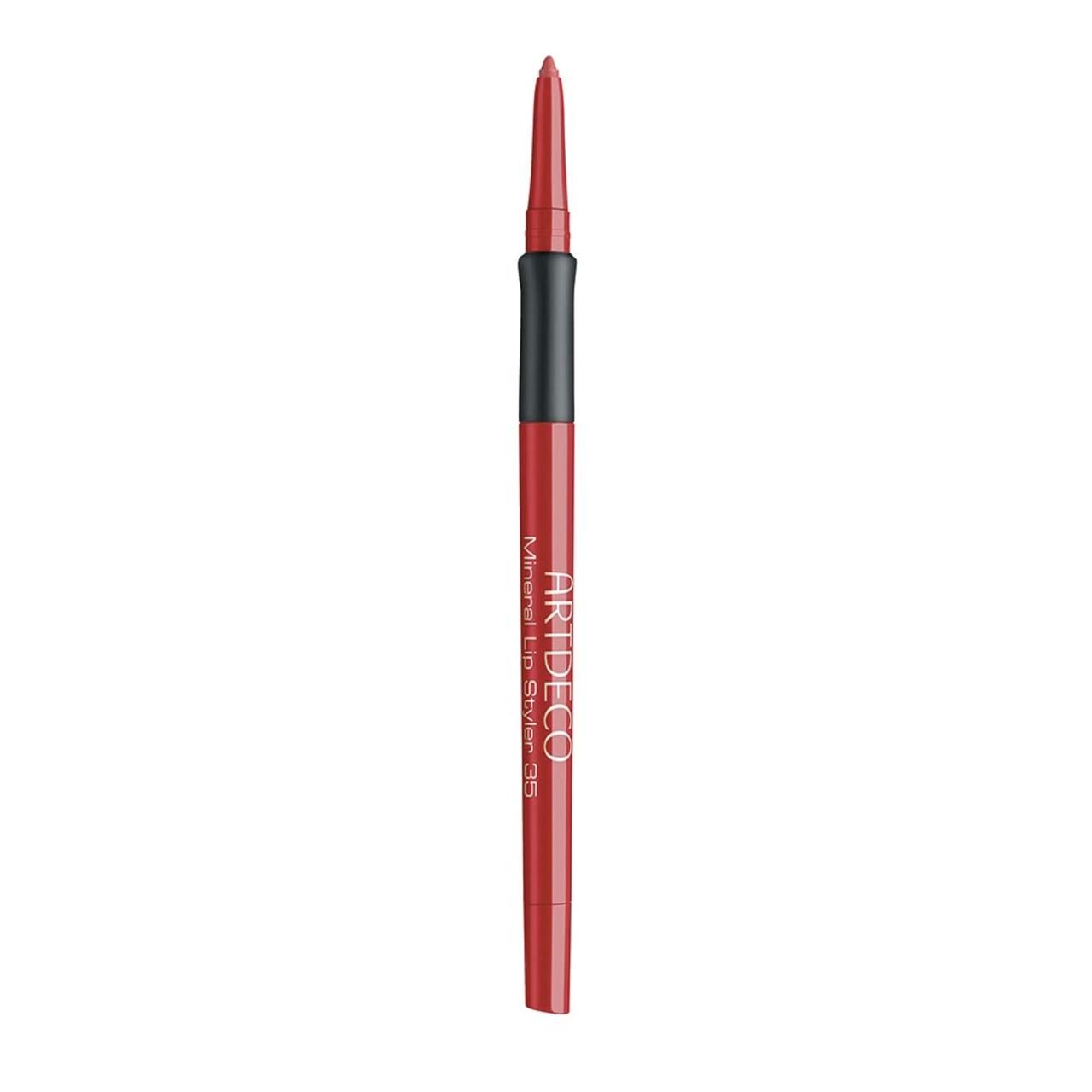 Crayon contour des lèvres rouge. Section centrale noire. Inscription : ARTDECO Mineral Lip Styler 35.