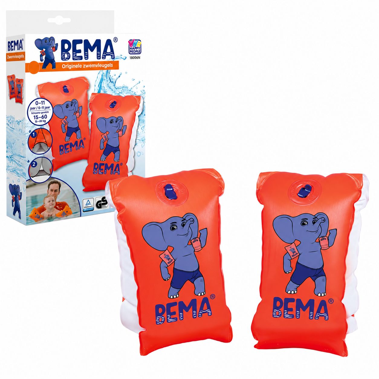Deux brassards orange avec motif éléphant et logo BEMA. Emballage avec informations produit et sceaux de sécurité.