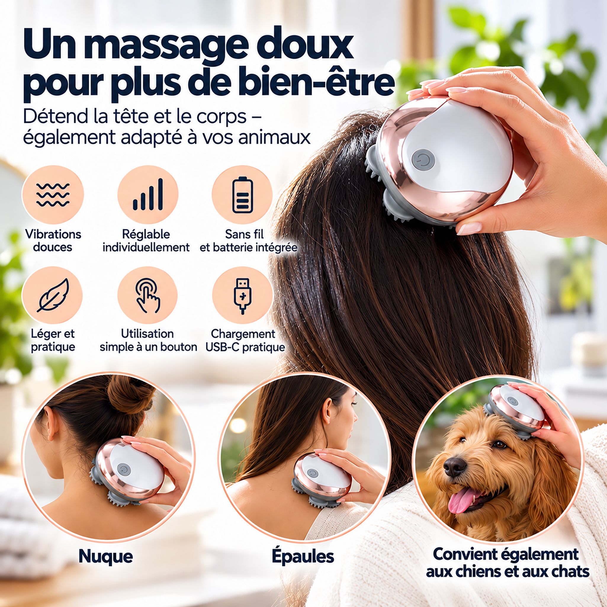 Masseur de tête dans la main d'une femme qui l'applique sur sa tête.