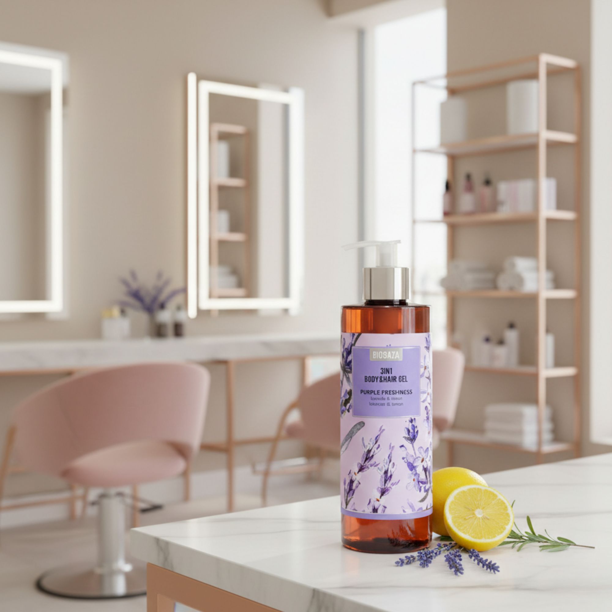 Bruine fles met pomp. Etiket met productnaam en lavendelontwerp. Citroenen en lavendeltakken op een wit oppervlak.