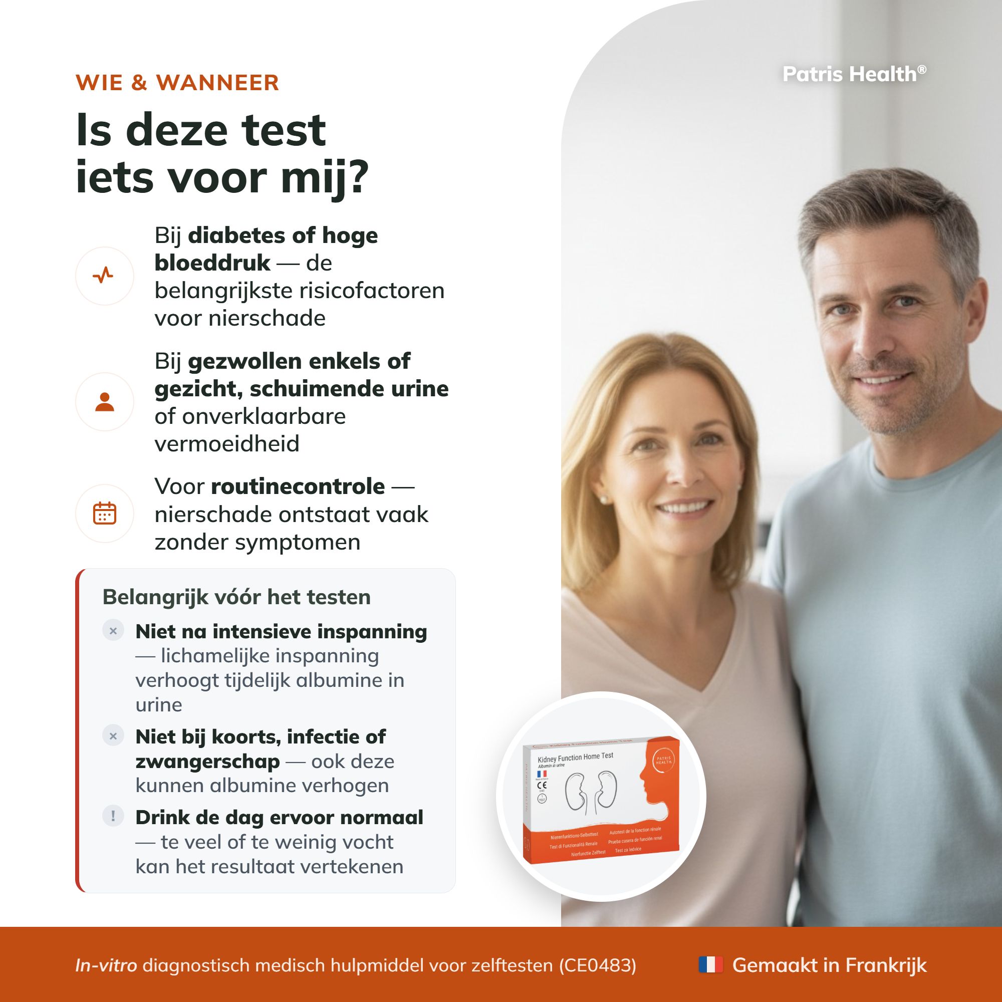 Verpakking nierfunctietest met informatie over gebruik en herkomst.