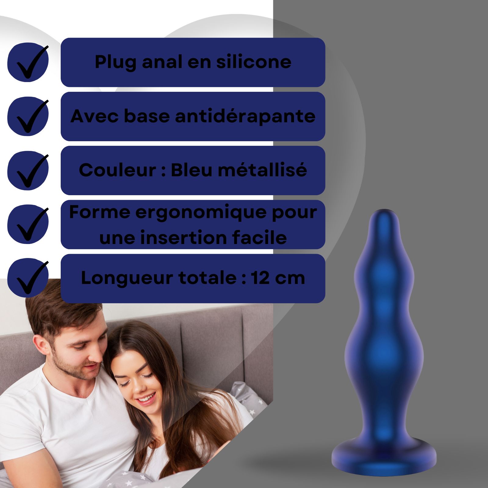 Plug anal bleu métallisé en silicone. Forme ergonomique. Avec base. 12 cm.