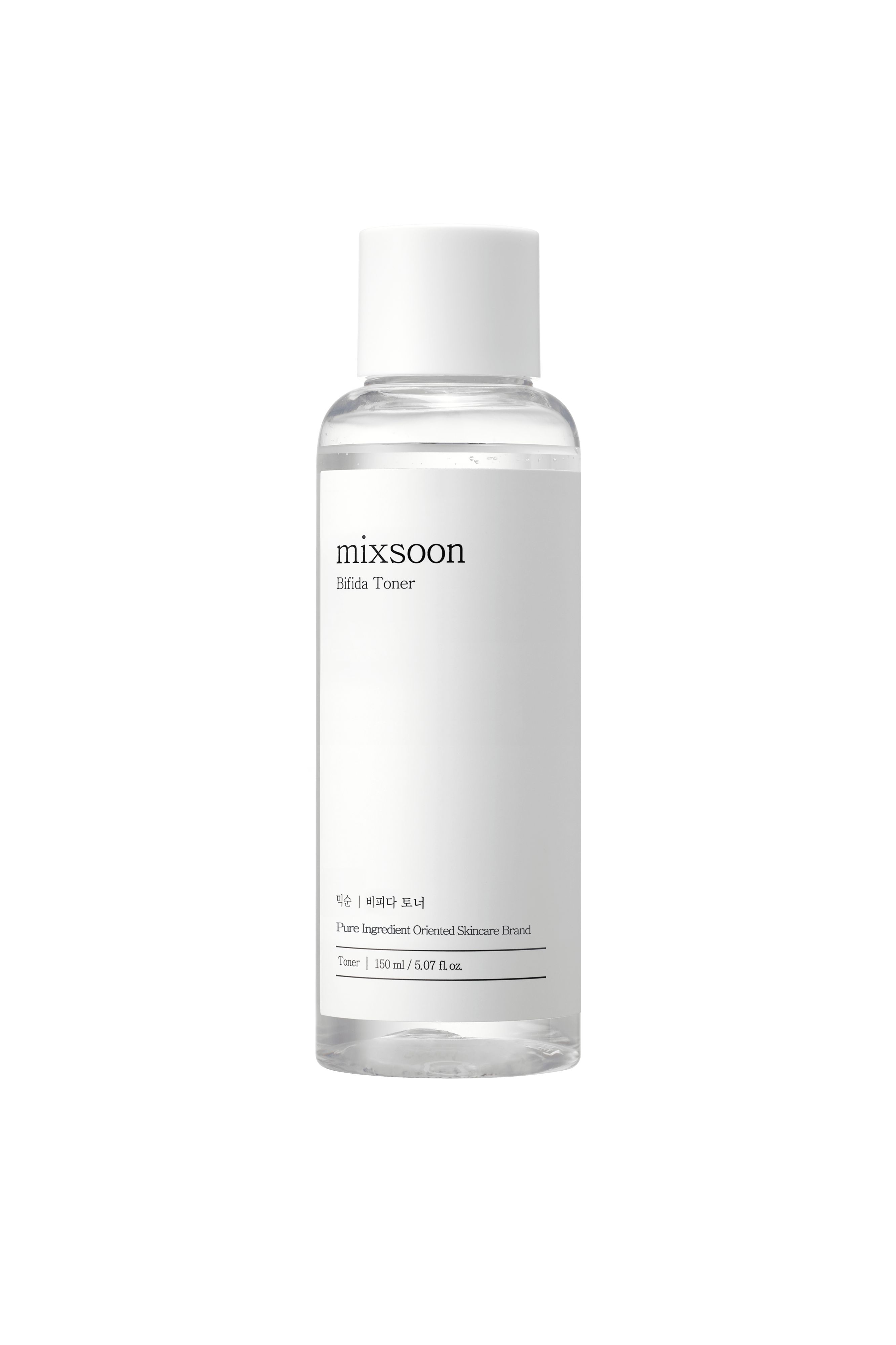 Flacon transparent avec bouchon blanc et étiquette. L'étiquette indique "mixsoon Bifida Toner".