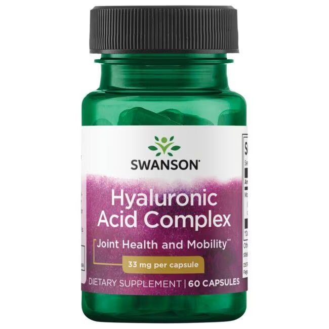 Flacon vert de gélules. Inscription: SWANSON Hyaluronic Acid Complex, 33 mg par gélule, 60 gélules.